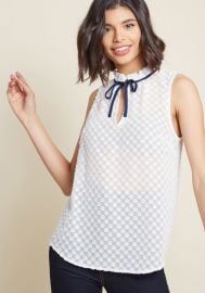 Stylish Vision Tie-Neck Top in Dotted White x at ModCloth